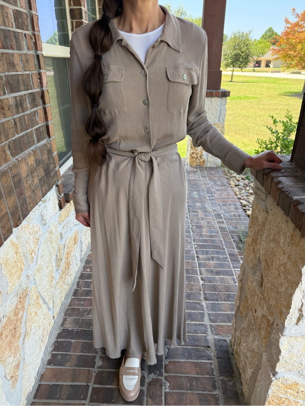 Soft Surroundings Tan Button Front Maxi Shirt Dress